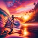 Young surfer riding a wave at sunset with warm hues of orange, pink, and purple in the sky reflecting on the Pacific Coast's water, embodying adventure and freedom